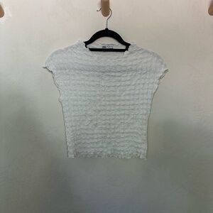 Zara White Textured Short Sleeve Top